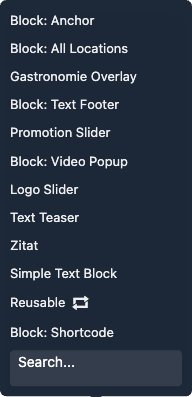 Add Component Popup – verfügbare Blöcke