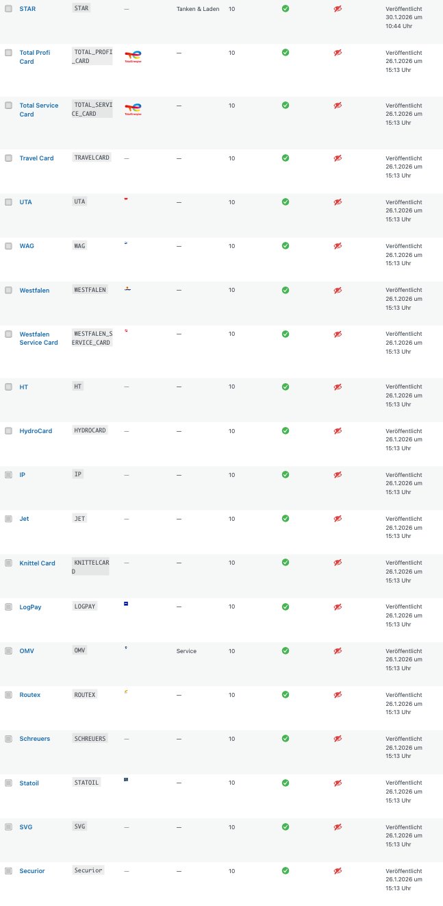 Raststätten Features Übersicht im Backend
